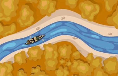 Nehir üst nehir üzerinde yüzen bir tekne de insanlar görünümü. Vektör grafikleri