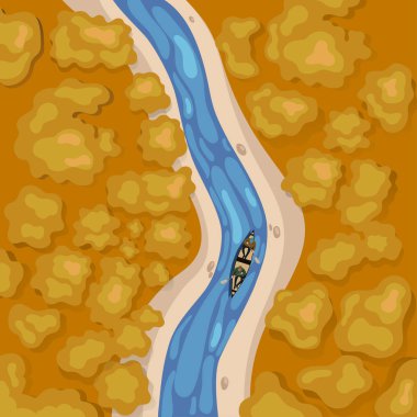 Nehir üst nehir üzerinde yüzen bir tekne de insanlar görünümü. Vektör grafikleri