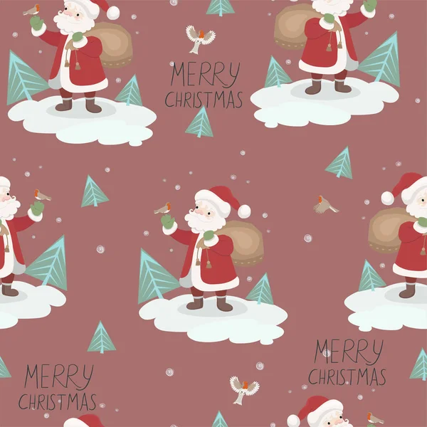 Seamless pattern with santa claus and birds. For wrapping paper or fabric. Vector graphics. — Stock Vector