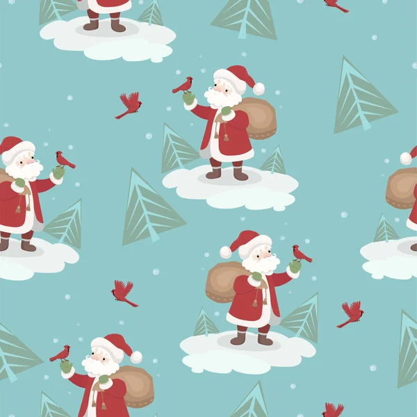 산타 클로스와 새와 원활한 패턴. 포장지 또는 직물용. 벡터 그래픽. — 스톡 벡터