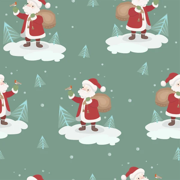 산타 클로스와 새와 원활한 패턴. 포장지 또는 직물용. 벡터 그래픽. — 스톡 벡터