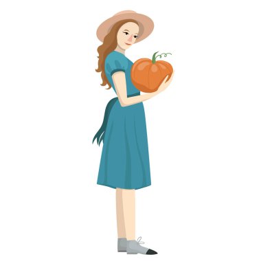 Kız beyaz bir arka plan üzerinde izole kabak tutar. Vektör grafikleri.