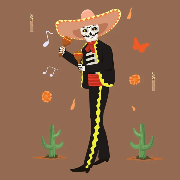 Mexican musician skeleton plays maracas. Vector graphics. — Stock Vector