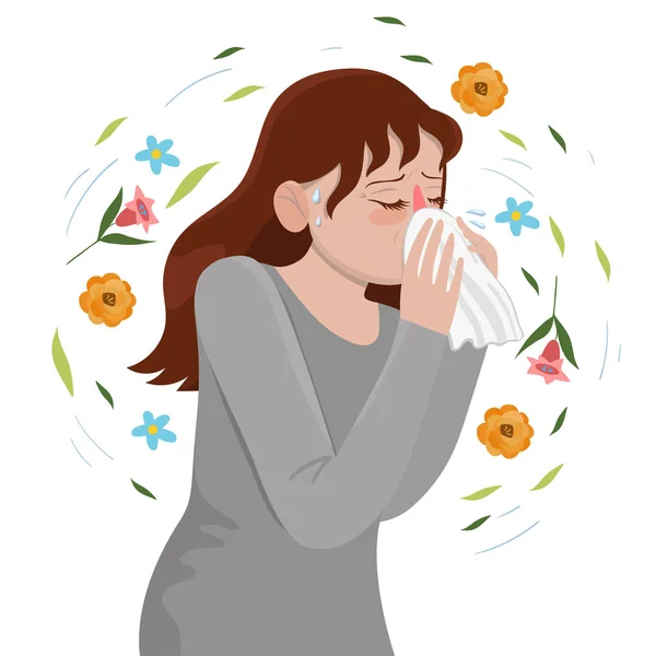 Säsongsbunden allergi flicka blåser näsan i en näsduk. Vektorgrafik. — Stock vektor