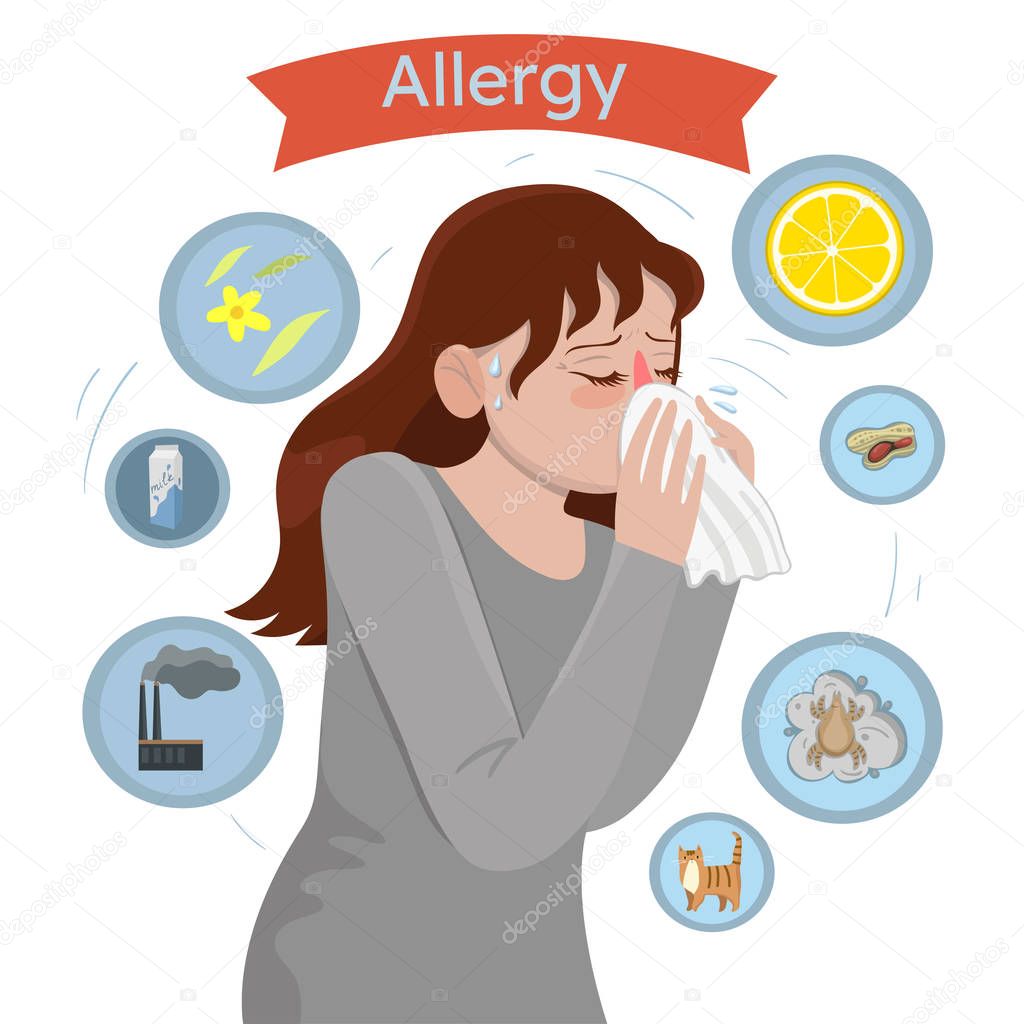 Allergy triggers. Girl with allergies blows her nose in a handkerchief .Vector graphic