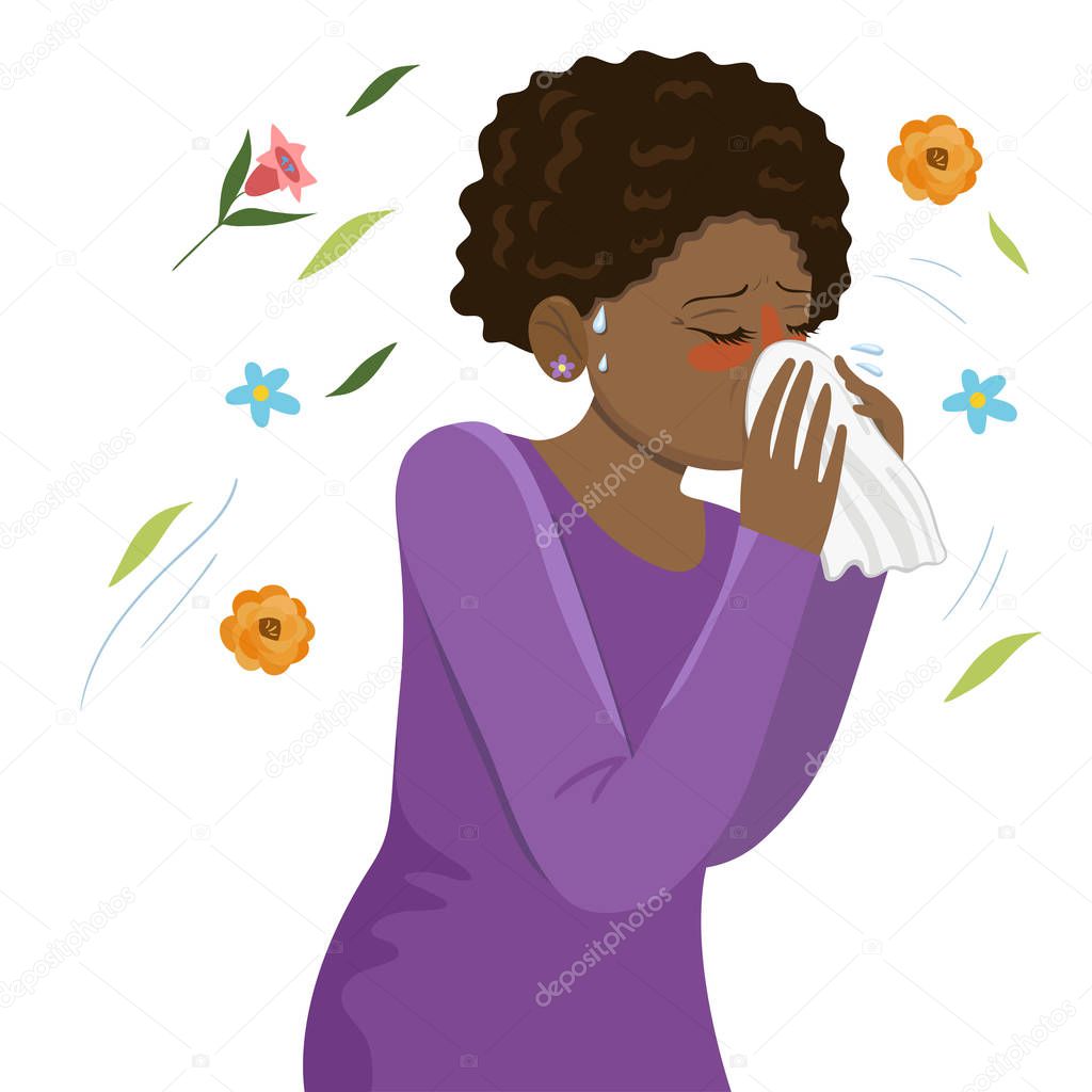 Seasonal Allergy Girl blows her nose in a handkerchief. Vector graphics.