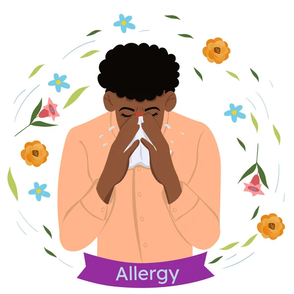 Un uomo con allergie stagionali si soffia il naso in un fazzoletto. Grafica vettoriale . — Vettoriale Stock