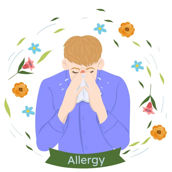 Un homme souffrant d'allergies saisonnières se pète le nez dans un mouchoir. Graphiques vectoriels . — Image vectorielle