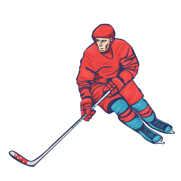Hockeyspieler mit Stock isoliert auf weißem Hintergrund. Vektorgrafik. — Stockvektor