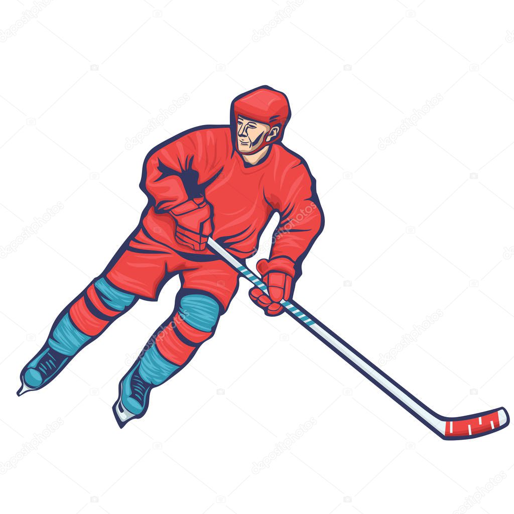 Hockey player with stick isolated on a white background. Vector image.