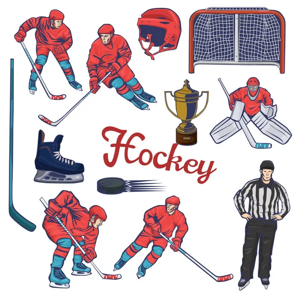 Hockey Set aus verschiedenen Objekten und Spielern isoliert auf weißem Hintergrund. Vektorgrafik. — Stockvektor