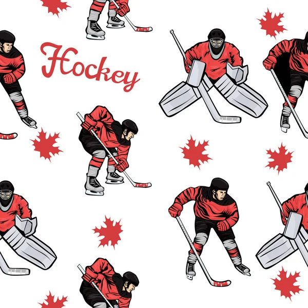 Nahtloses Muster kanadischer Hockeyspieler und Ahornblätter. Vektorgrafik. — Stockvektor