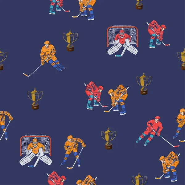 Nahtloses Muster mit Hockeyspielern und Pokalen. Vektorgrafik. — Stockvektor