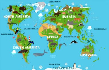 Kıta ve okyanus isimleri ile çocukların dünya haritası. Anakaradaki hayvanlar. Vektör grafikleri.