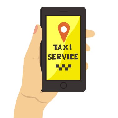 Beyaz bir arka plan üzerinde izole telefon ile el. Taksi çağır. Vektör grafikleri.