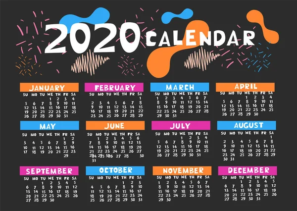 Kalender 2020 dalam berbagai warna dengan bentuk trendi abstrak. Grafis vektor . - Stok Vektor