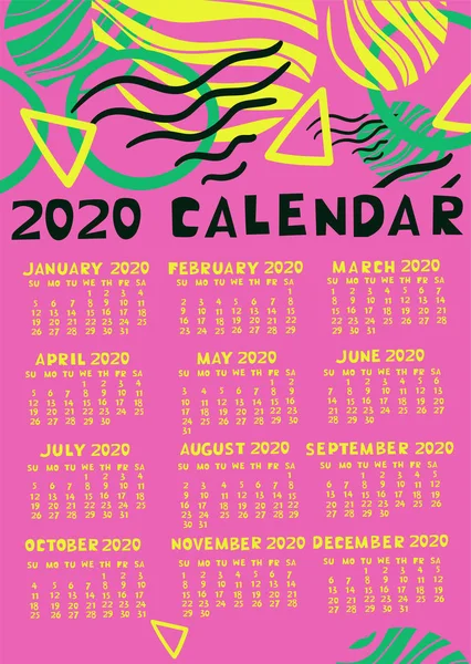 Kalender 2020 in verschillende kleuren met abstracte trendy vormen. Vectorafbeeldingen. — Stockvector