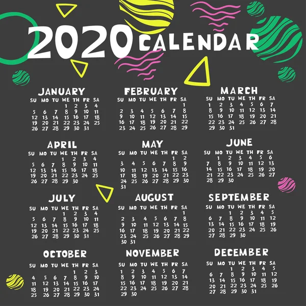 Calendario 2020 en diferentes colores con formas abstractas de moda. Gráficos vectoriales . — Archivo Imágenes Vectoriales