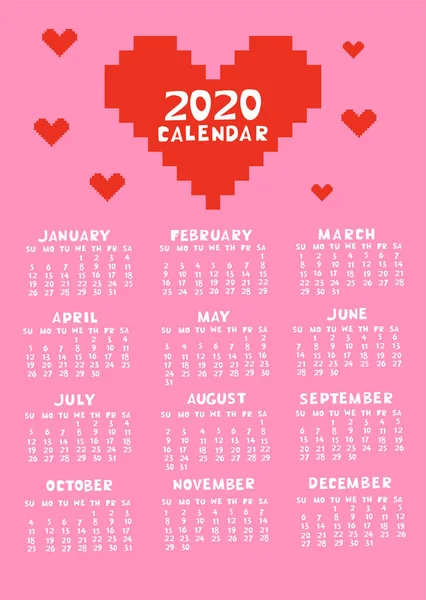 Kalender 2020 met harten roze en rode kleuren. Vectorafbeeldingen. — Stockvector