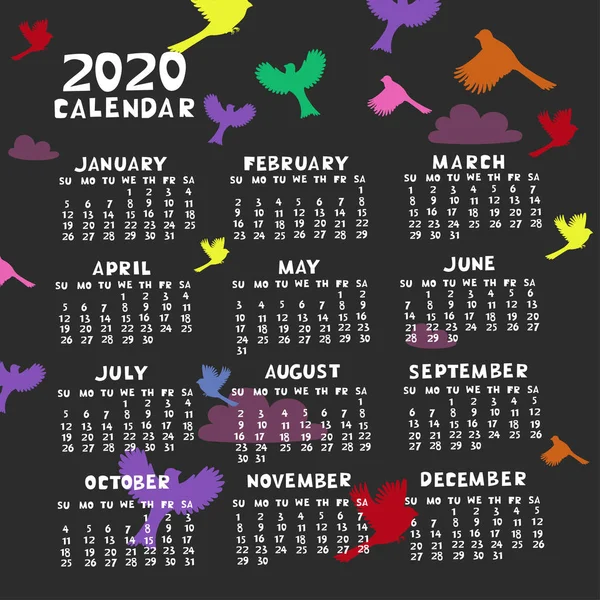 Calendario 2020 con siluetas de pájaros de colores. Gráficos vectoriales . — Vector de stock