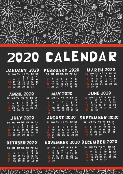 Calendario 2020 con doodle elements gamma rojo-negro-blanco. Gráficos vectoriales . — Archivo Imágenes Vectoriales