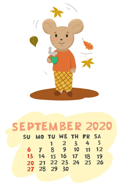 Calendario de septiembre 2020 con el ratón sosteniendo una taza. Gráficos vectoriales . — Archivo Imágenes Vectoriales