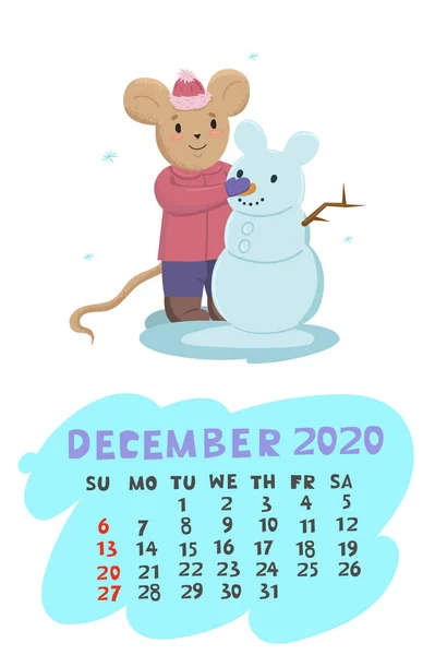 Calendario para diciembre de 2020 con un ratón que esculpe un muñeco de nieve. Gráficos vectoriales . — Vector de stock