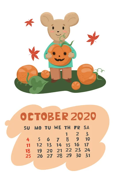 Mouse holds pumpkin calendar for October 2020 Vector graphics — Stock Vector