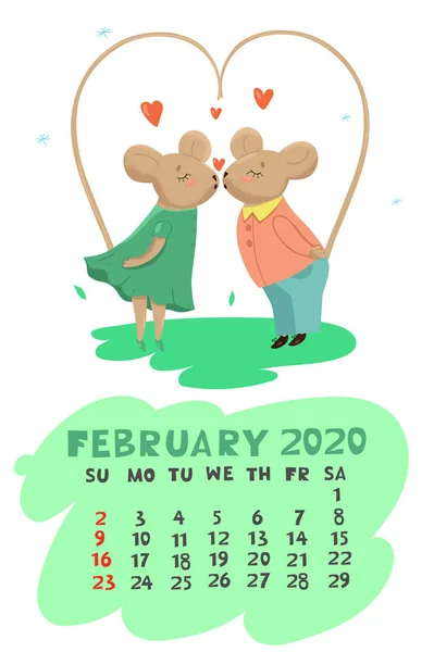 Calendar with kissing mice for February 2020. Vector graphics — Stock Vector