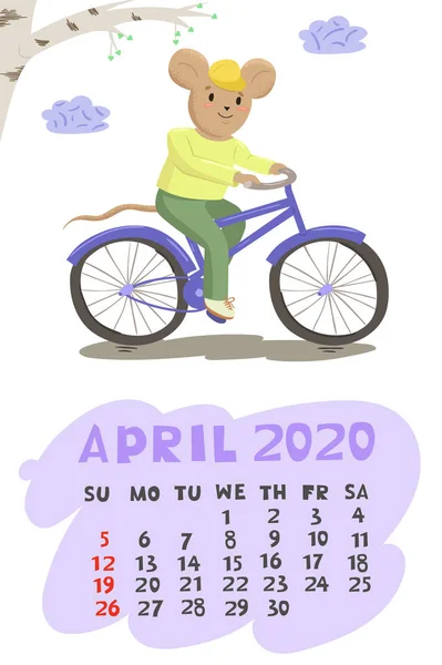 Calendar for April 2020 with a mouse on a bicycle. Vector graphics. — Stock Vector