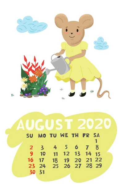 Calendar for August 2020 with a mouse watering flowers. Vector graphics. — Stock Vector