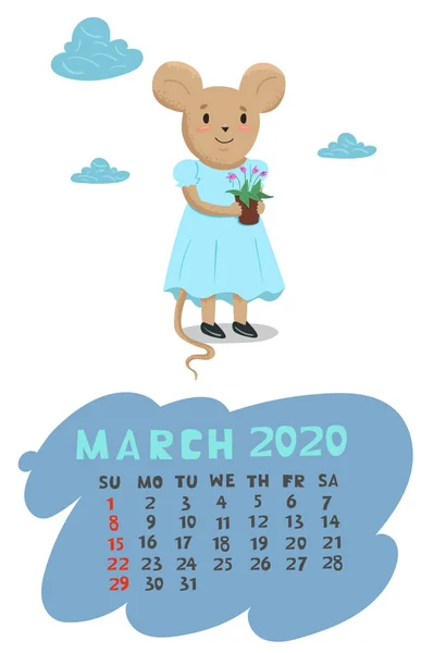 Kalender voor maart 2020 met een muis die een kamerplant vasthoudt. Vectorafbeeldingen. — Stockvector