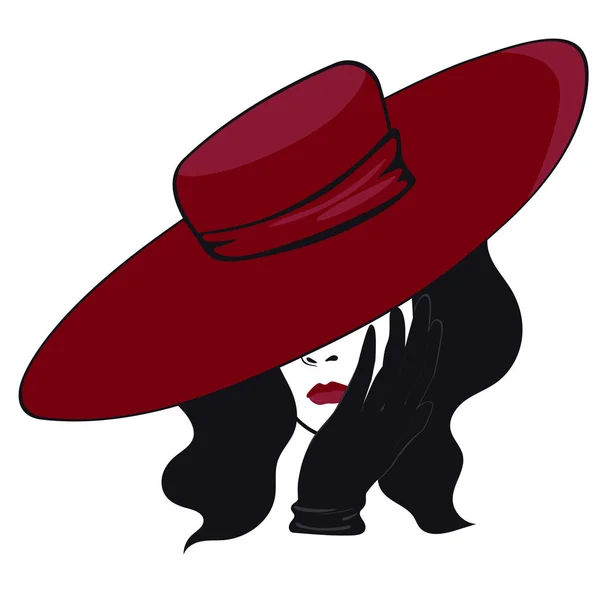 Woman in a hat in black and red colors isolated on a white background. Vector graphics — Stock Vector