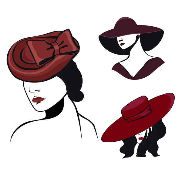 Ensemble de femmes en chapeaux aux couleurs noir et rouge isolé sur fond blanc. Graphiques vectoriels — Image vectorielle