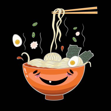 Siyah bir arka plan üzerinde Ramen erişte. Vektör grafikleri.