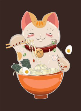 Kedi yemek çubukları ile ramen erişte yiyor. Vektör grafikleri.