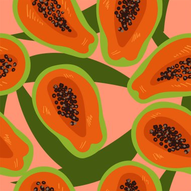 Papaya yarıları ile dikişsiz desen. Vektör grafikleri.