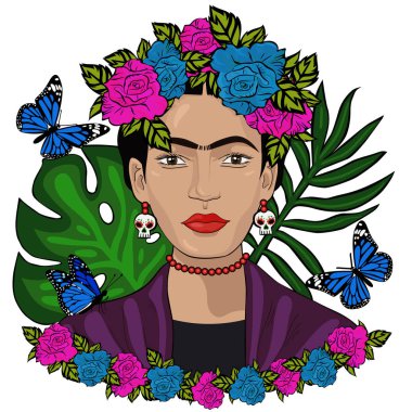 Frida Kahlo meksika tarzı vektör portre. Editoryal Lisans