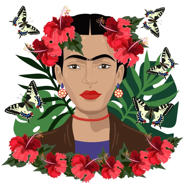 Frida Kahlo vector portrait with parrot, young beautiful mexican woman ...
