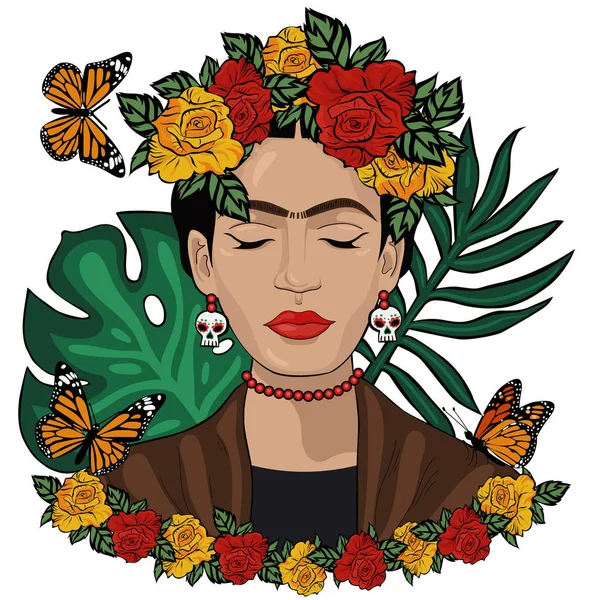 Frida kahlo mexikanischen stil vektorporträt. Redaktionslizenz — Stockvektor