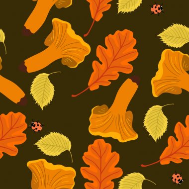 Chanterelles, yaprakları ve uğur böcekleri ile dikişsiz desen. Vektör grafikleri.