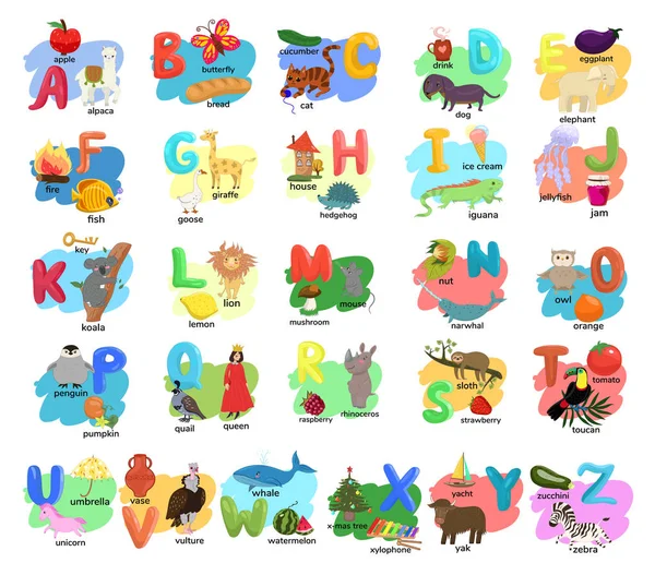Dětská abeceda s ilustracemi zvířat, lidí, předmětů, jídla. Vektorová grafika. — Stockový vektor