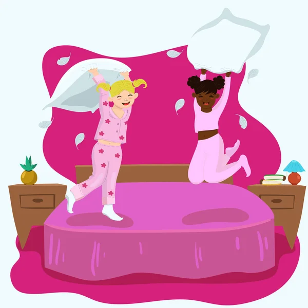 枕は女の子と戦う。ピンク色のイラスト。ベクトルグラフィックス. — ストックベクタ