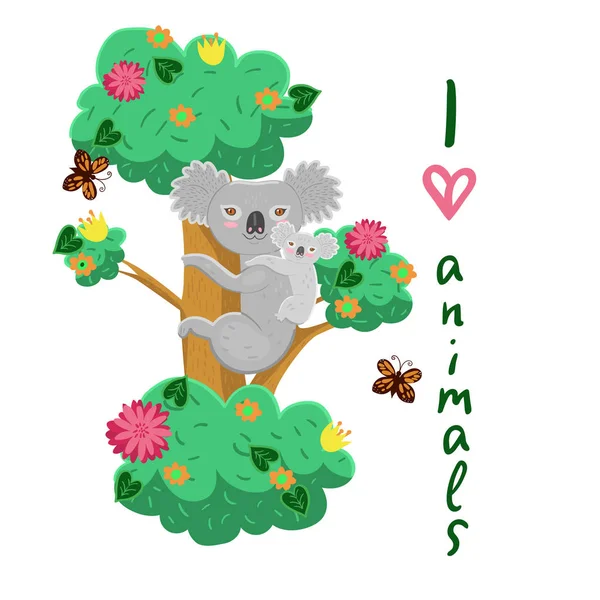 Mama Koala z dzieckiem na drzewie. Grafika wektorowa. — Wektor stockowy