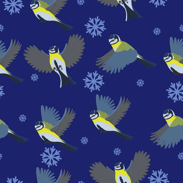 Modèle sans couture avec mésange et flocons de neige. eps 10 — Image vectorielle