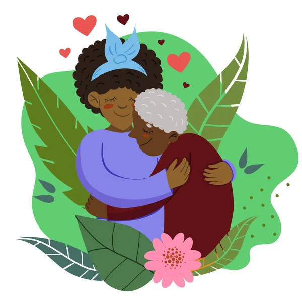 La mujer abraza a la abuela. Flores y plantas. Plantilla para postal . — Archivo Imágenes Vectoriales