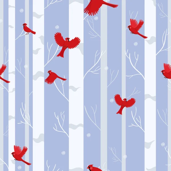 Cardinaux rouges oiseaux motif sans couture dans la forêt d'hiver . — Image vectorielle