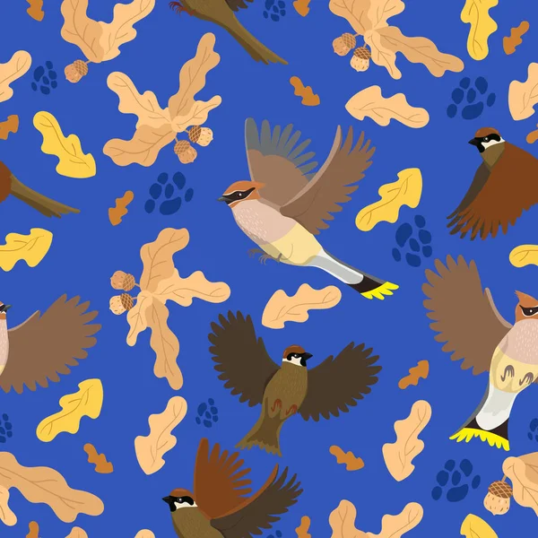 Motif sans couture avec des moineaux et des ailes de cire, feuilles d'automne et glands . — Image vectorielle