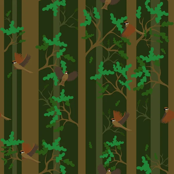 Бесшовный рисунок воробьев в дубовом лесу . — стоковый вектор