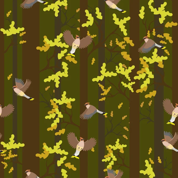 Waxwings seamless pattern in oak forest. image vectorielle — Image vectorielle